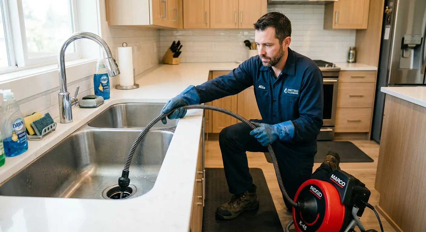 Drain cleaning technician using a motorized snake on a kitchen sink in Ishpeming