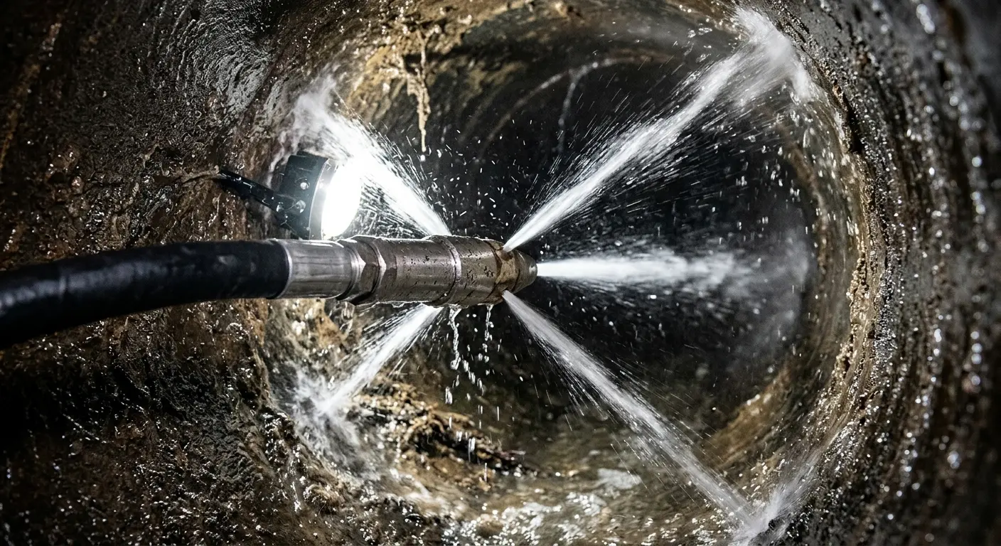 High-pressure hydro jetting nozzle cleaning sewer pipe for Sewer Cleanout in Ishpeming