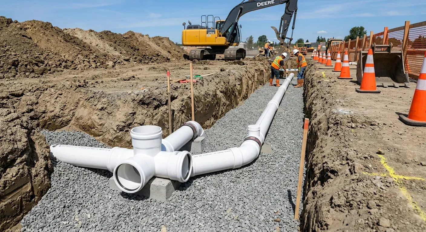 New PVC sewer pipe installation in open trench for Commercial Drain Cleaning in Ishpeming
