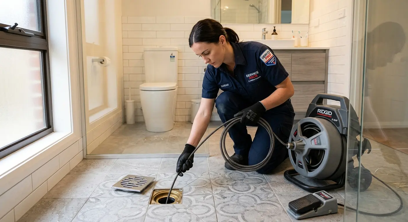 Technician clearing a bathroom floor drain for Drain Cleaning in Ishpeming